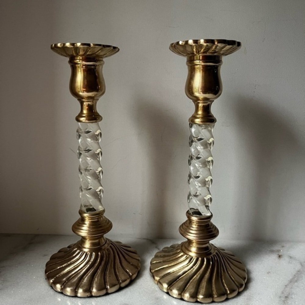 Elegant Gold brass and Clear lucid Candlestick Holders 10.5” set of 2